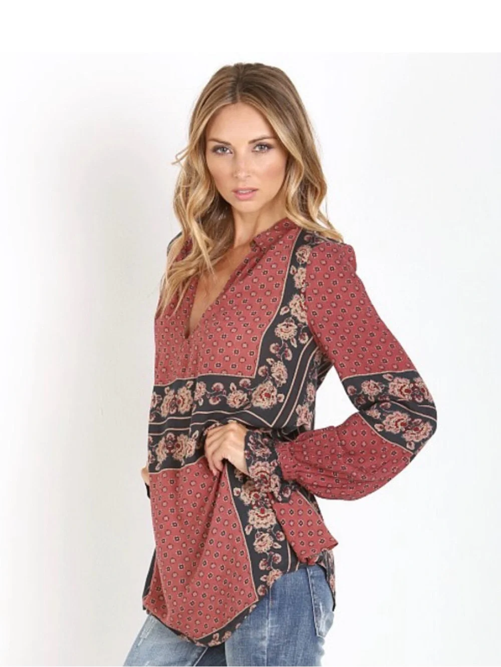 Free People Dobby Changing Times Floral Print V-Neck Blouse Size Large
